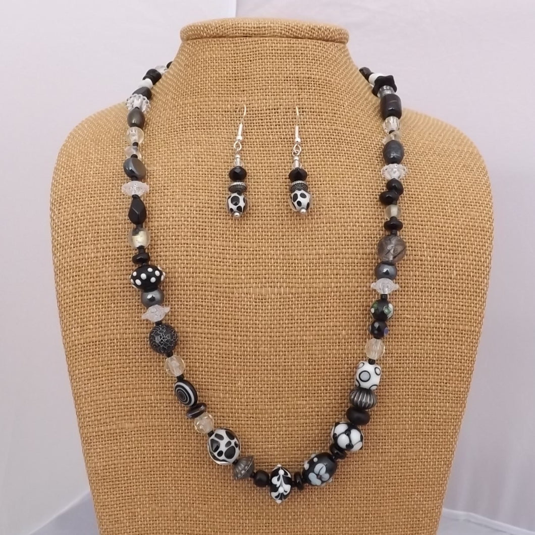 Black & White Handmade Lampwork Glass Bead Necklace & Earrings Set