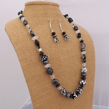 Load image into Gallery viewer, Black &amp; White Handmade Lampwork Glass Bead Necklace &amp; Earrings Set
