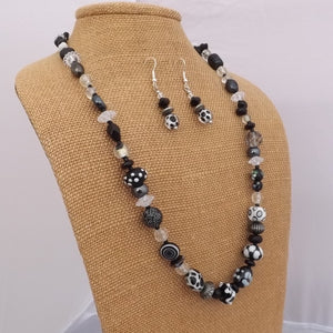 Black & White Handmade Lampwork Glass Bead Necklace & Earrings Set