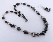 Load image into Gallery viewer, Black &amp; White Handmade Lampwork Glass Bead Necklace &amp; Earrings Set
