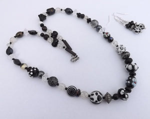 Black & White Handmade Lampwork Glass Bead Necklace & Earrings Set