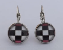 Load image into Gallery viewer, Black, White &amp; Pink Checkered Dome Earrings on Lever Back Hooks
