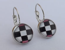 Load image into Gallery viewer, Black, White &amp; Pink Checkered Dome Earrings on Lever Back Hooks
