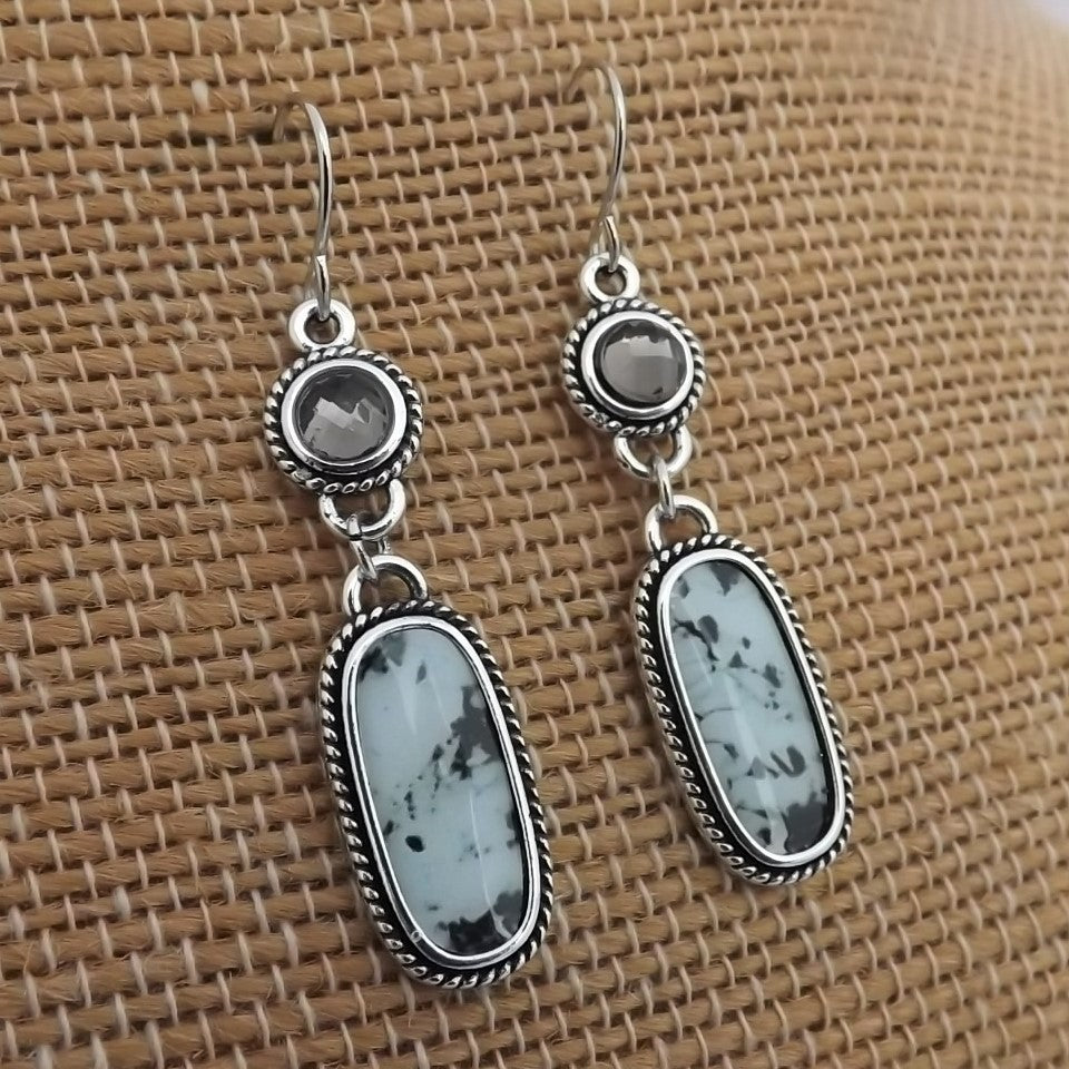 Black, White & Silver Tone Drop Earrings