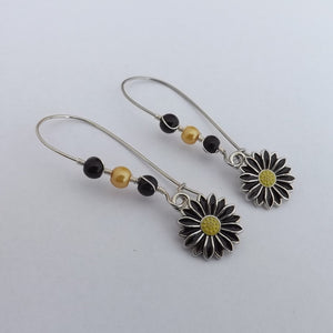 Black & Yellow Daisy Handmade Bead & Charm Drop Earrings on Long Kidney Hooks (Copy)