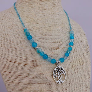Blue Bead & Silver Tone Tree Handmade Necklace