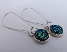 Load image into Gallery viewer, Blue, Gold &amp; Black Swirl Earrings, Long Kidney Hooks
