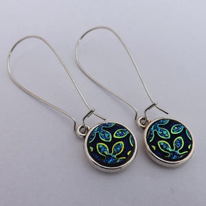 Blue, Gold & Black Swirl Earrings, Long Kidney Hooks