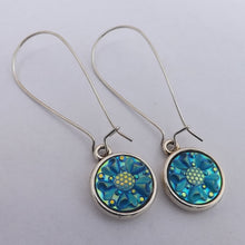 Load image into Gallery viewer, Blue Gold Lustre Flower Earrings, Long Kidney Hooks
