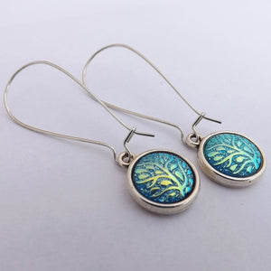 Blue Gold Lustre Tree Earrings, Long Kidney Hooks