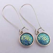 Load image into Gallery viewer, Blue Gold Lustre Tree Earrings, Long Kidney Hooks
