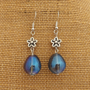 Blue Lustre Glass & Silver Tone Flower Handmade Dangle Earrings