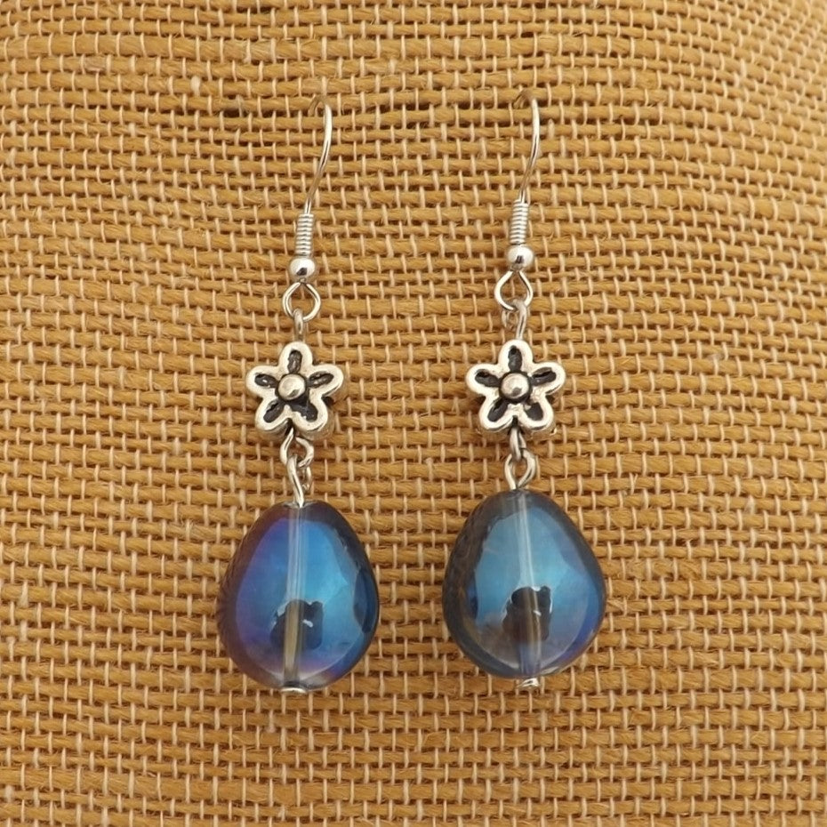 Blue Lustre Glass & Silver Tone Flower Handmade Dangle Earrings