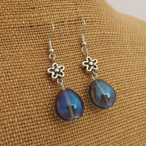 Blue Lustre Glass & Silver Tone Flower Handmade Dangle Earrings