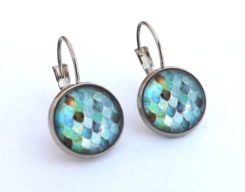 Blue Pattern Dome Earrings on Lever Back Hooks