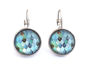 Blue Pattern Dome Earrings on Lever Back Hooks