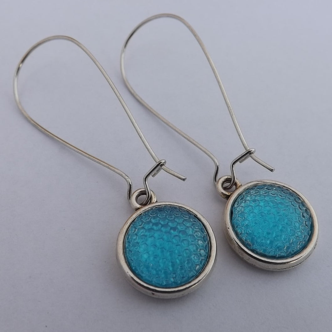 Blue Textured Dome Handmade Dome Earrings, Long Kidney Hooks