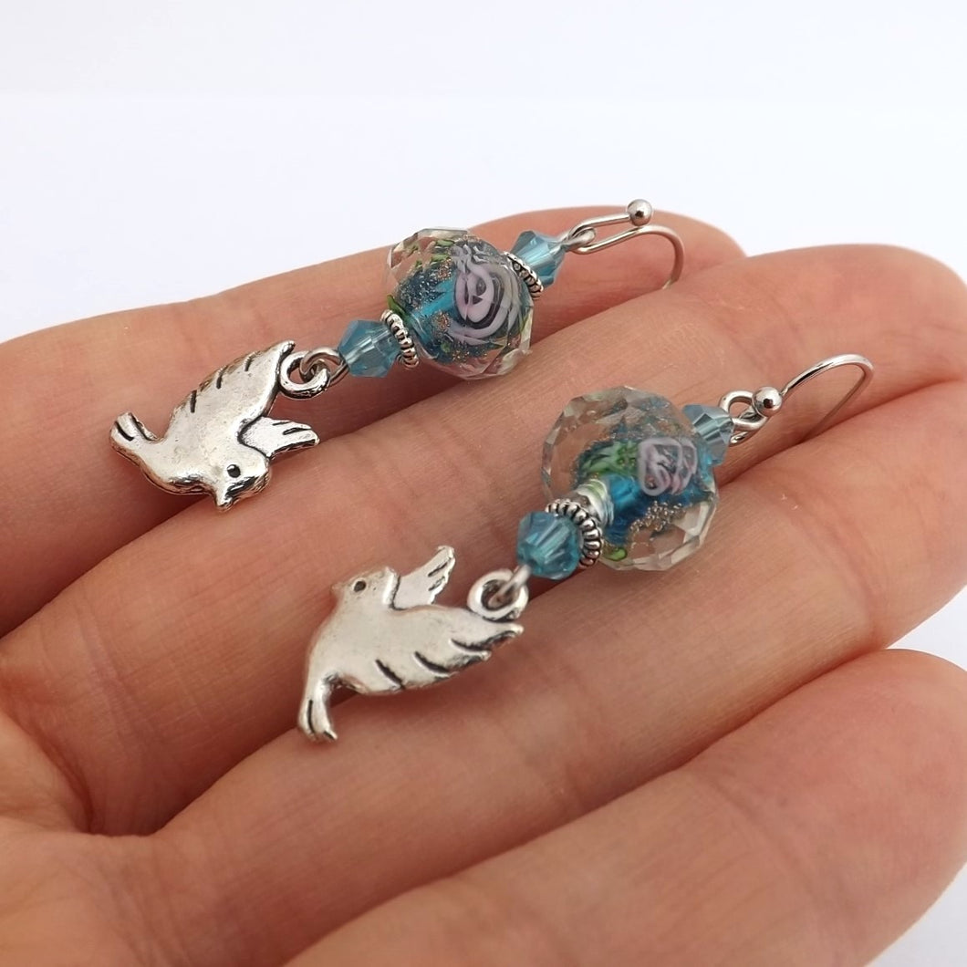 Blue Beads & Silver Tone Bird Handmade Earrings