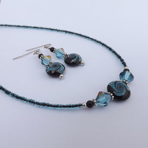 Blue & Black Handmade Bead Necklace & Earring Set