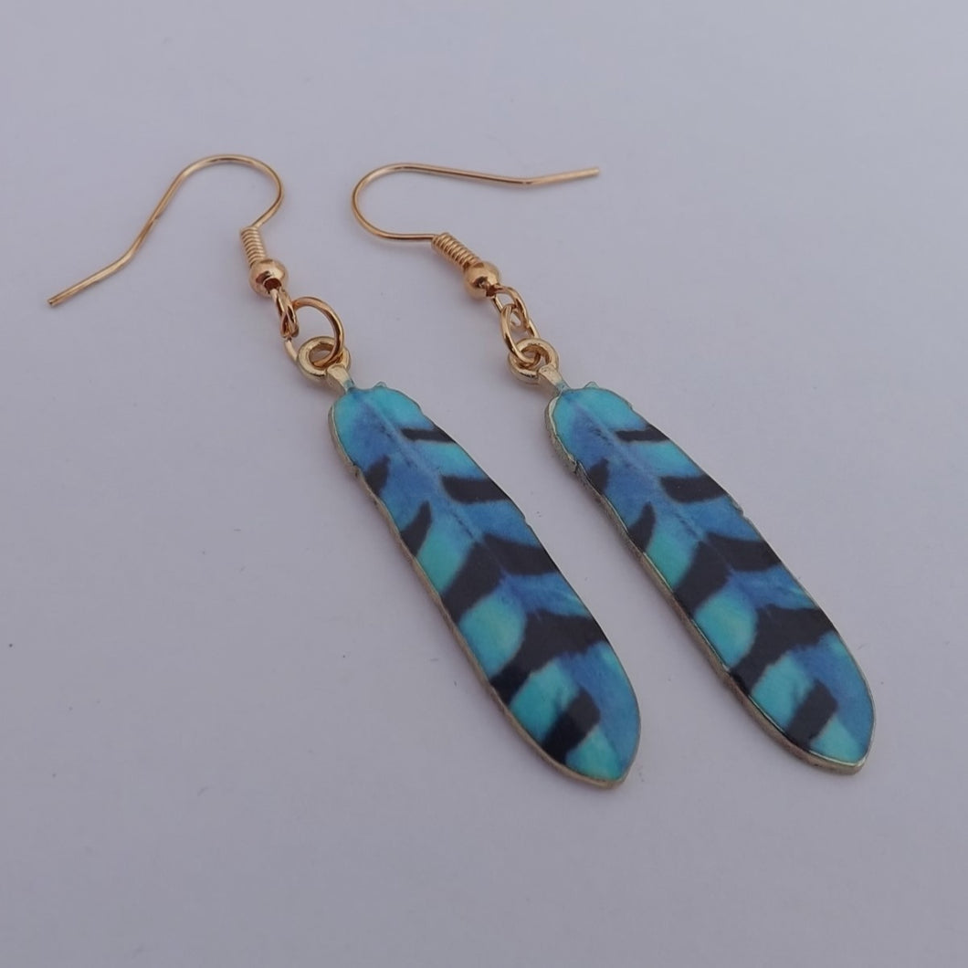 Blue, Black & Gold Tone Feather Drop Earrings