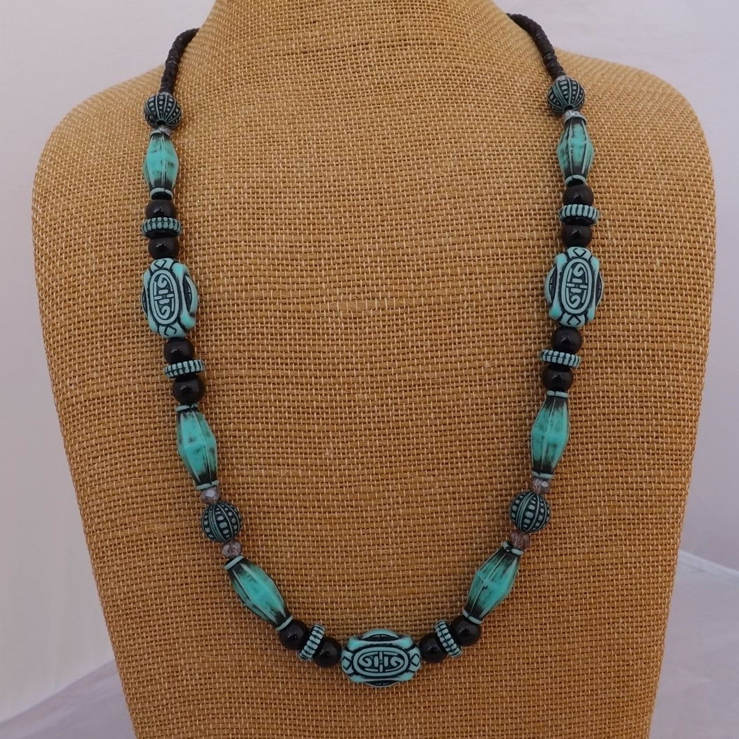 Blue, Black & Teal Acrylic & Glass Handmade Bead Necklace