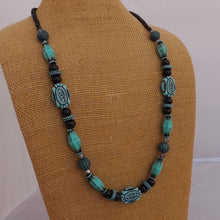 Load image into Gallery viewer, Blue, Black &amp; Teal Acrylic &amp; Glass Handmade Bead Necklace
