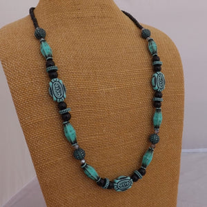 Blue, Black & Teal Acrylic & Glass Handmade Bead Necklace