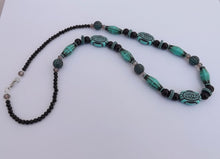 Load image into Gallery viewer, Blue, Black &amp; Teal Acrylic &amp; Glass Handmade Bead Necklace
