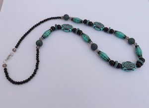 Blue, Black & Teal Acrylic & Glass Handmade Bead Necklace