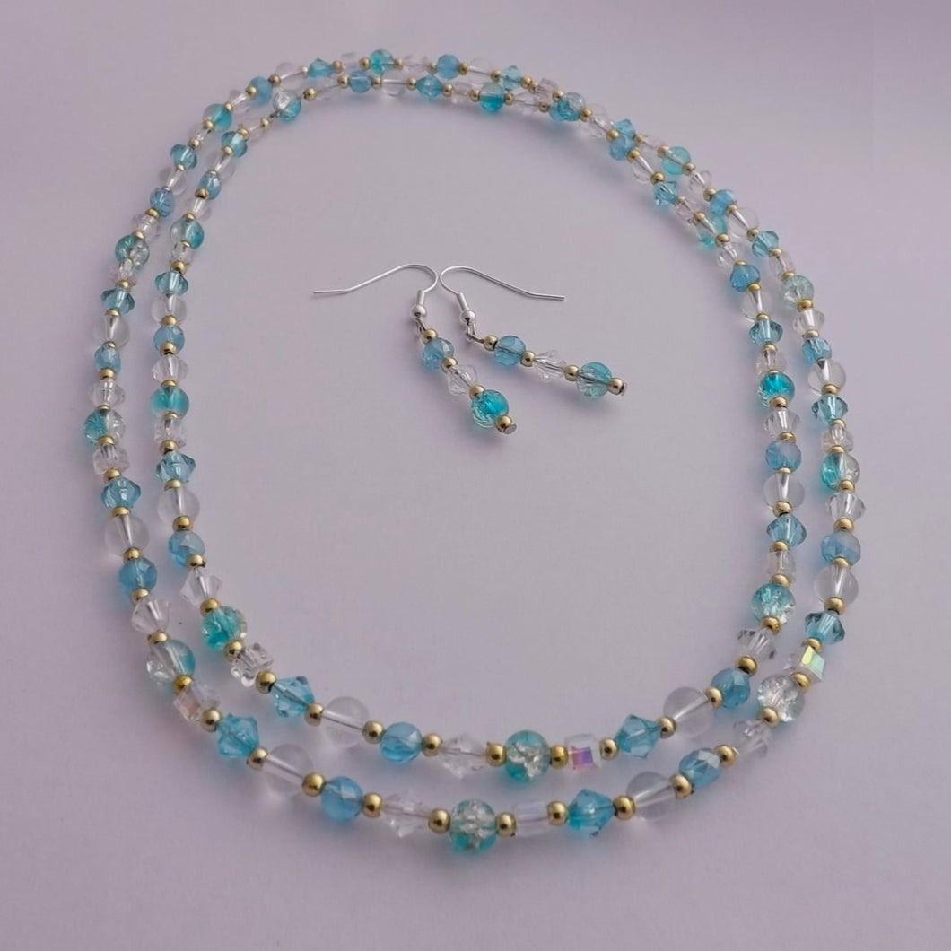 Blue, Clear & Gold Handmade Bead Necklace & Earrings Set