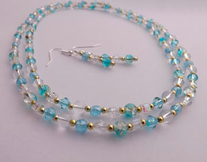Blue, Clear & Gold Handmade Bead Necklace & Earrings Set