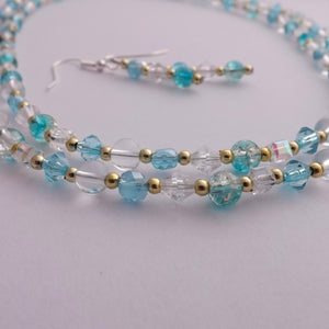 Blue, Clear & Gold Handmade Bead Necklace & Earrings Set