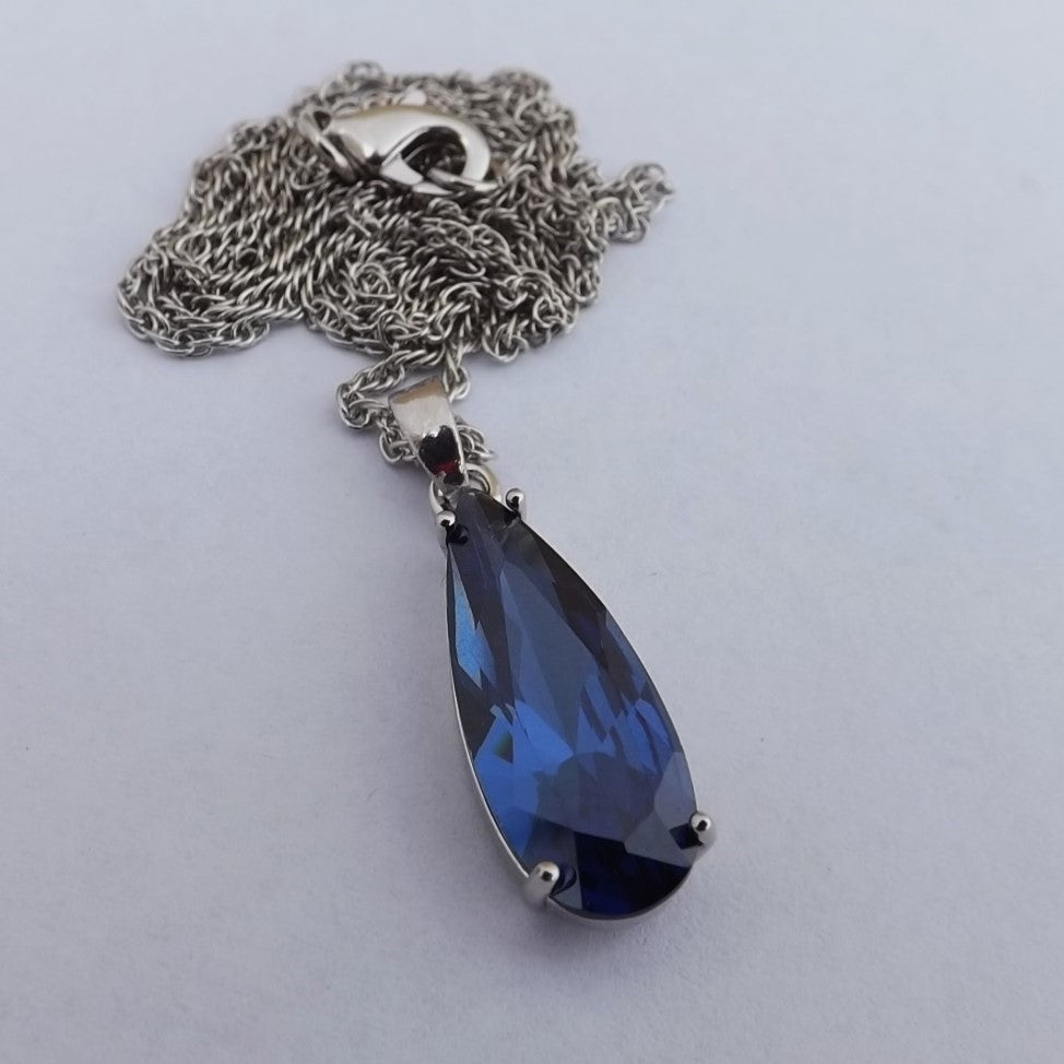 Blue Faceted Teardrop Pendant Necklace