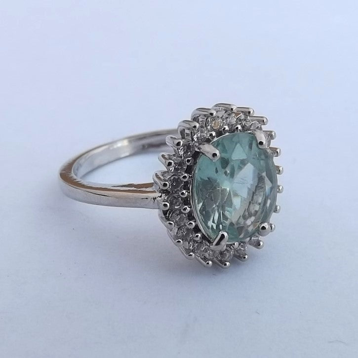 Blue, Faux Diamond & Silver Tone Costume Ring (Size 6)