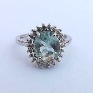 Blue, Faux Diamond & Silver Tone Costume Ring (Size 6)
