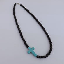 Load image into Gallery viewer, Blue Faux Turquoise Cross &amp; Black Bead Necklace
