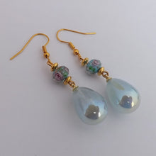 Load image into Gallery viewer, Blue &amp; Gold Acrylic Teardrop &amp; Glass Bead Earrings
