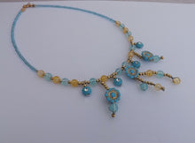 Load image into Gallery viewer, Blue &amp; Gold Handmade Wire Wrap Floral Bead Necklace
