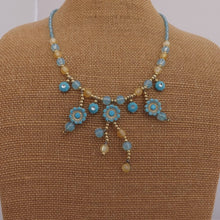 Load image into Gallery viewer, Blue &amp; Gold Handmade Wire Wrap Floral Bead Necklace
