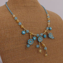 Load image into Gallery viewer, Blue &amp; Gold Handmade Wire Wrap Floral Bead Necklace
