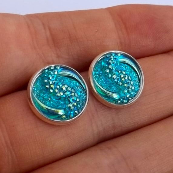 Blue & Gold Lustre Dome Clip on Earrings