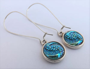 Blue & Gold Textured Earrings, Long Kidney Hooks