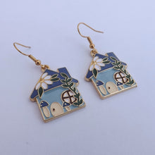Load image into Gallery viewer, Blue &amp; Gold Tone Floral Cottage House Earrings
