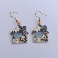 Load image into Gallery viewer, Blue &amp; Gold Tone Floral Cottage House Earrings
