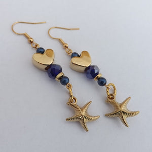 Blue & Gold Tone Heart, Starfish & Bead Handmade Earrings