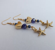 Load image into Gallery viewer, Blue &amp; Gold Tone Heart, Starfish &amp; Bead Handmade Earrings
