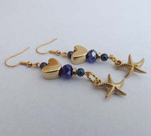 Blue & Gold Tone Heart, Starfish & Bead Handmade Earrings