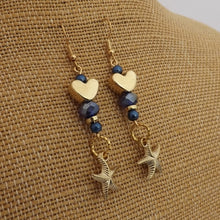 Load image into Gallery viewer, Blue &amp; Gold Tone Heart, Starfish &amp; Bead Handmade Earrings
