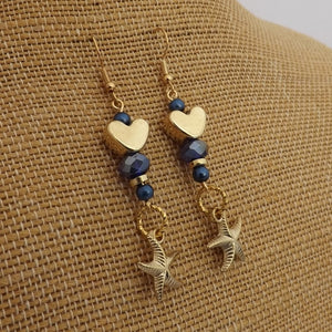 Blue & Gold Tone Heart, Starfish & Bead Handmade Earrings