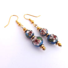 Load image into Gallery viewer, Blue &amp; Gold Floral Cloisonne Bead Earrings
